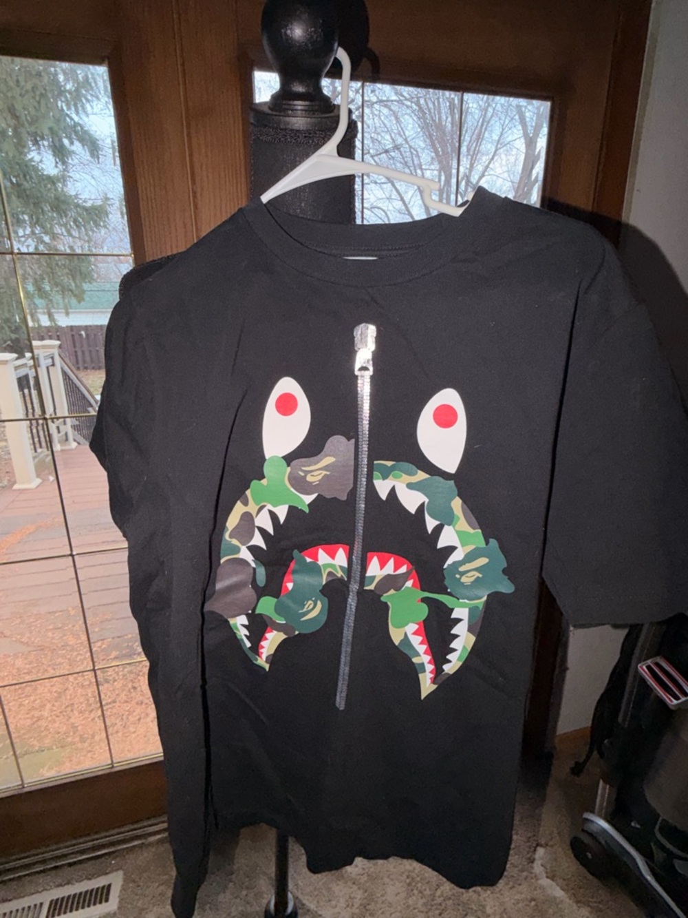 Bape Black Shark Tee with Green Camo and Red Accents